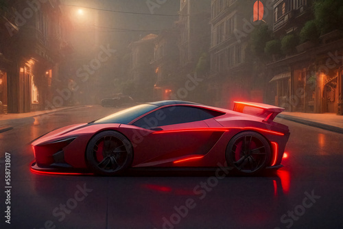 A car in a night city with red lighting..