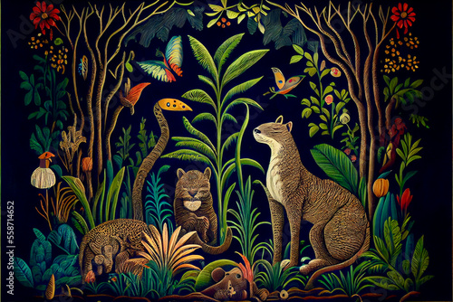 Fototapeta Naklejka Na Ścianę i Meble -  Generative AI render of a naive painting of a jungle