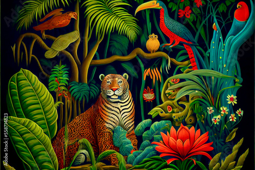 Generative AI render of a naive painting of a jungle