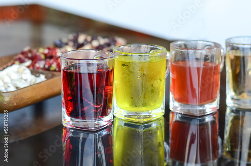 colorful hot and cold teas in a Turkish pastry shop as a treat for tourists