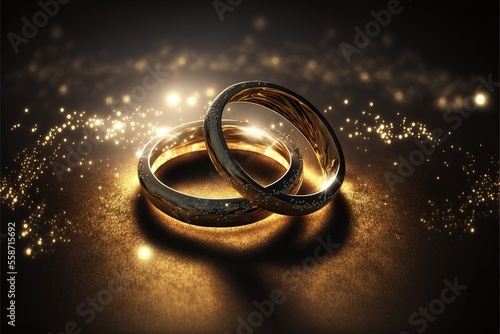  two gold wedding rings on a shiny surface with sparkling lights in the background and a sparkle effect in the foreground to the left of the image. generative ai