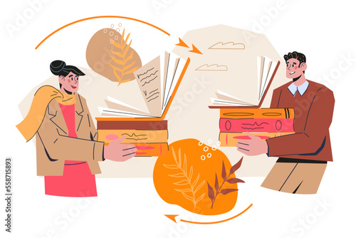 The concept of bookcrossing, readers club and literature lovers club. Exchange of books and opinions on literature, flat vector illustration isolated on white.