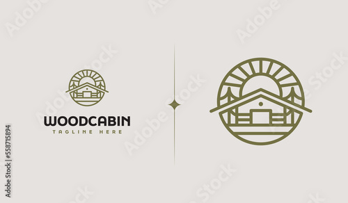 Wooden House Pine Tree Logo Template. Universal creative premium symbol. Vector sign icon logotype