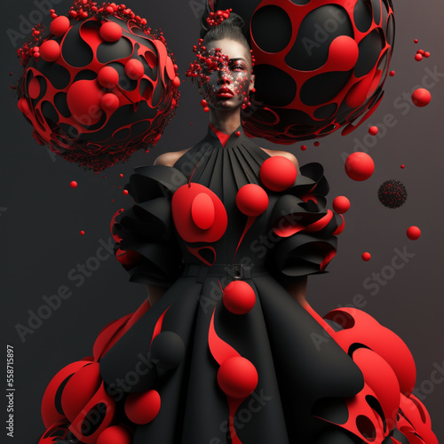 unbearable creativity fashion in vantablack colors and red accents, kamikaze