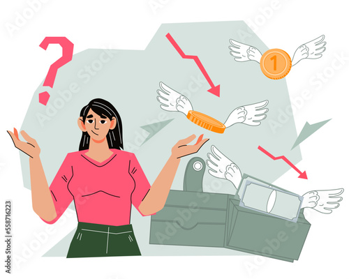 Woman upset with empty wallet has budget deficit, flat cartoon vector illustration isolated on white background. Low income and high financial spends. Rising prices and falling incomes.