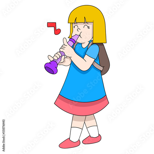 beautiful girl learning to play music flute school assignment