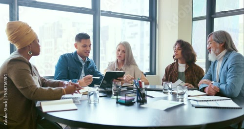 Wallpaper Mural Business people, tablet and teamwork for planning, strategy and ideas by desk in modern office for goal. Corporate group, digital tech and finance team for brainstorming, vision or target in New York Torontodigital.ca