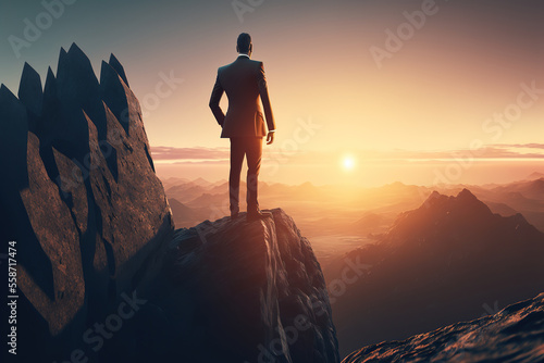businessman look the sunlight on the top of mountain with over orange sky and sunlight.concept of leadership successful achievement with goal,growth,up,win and objective target. (ai generated)