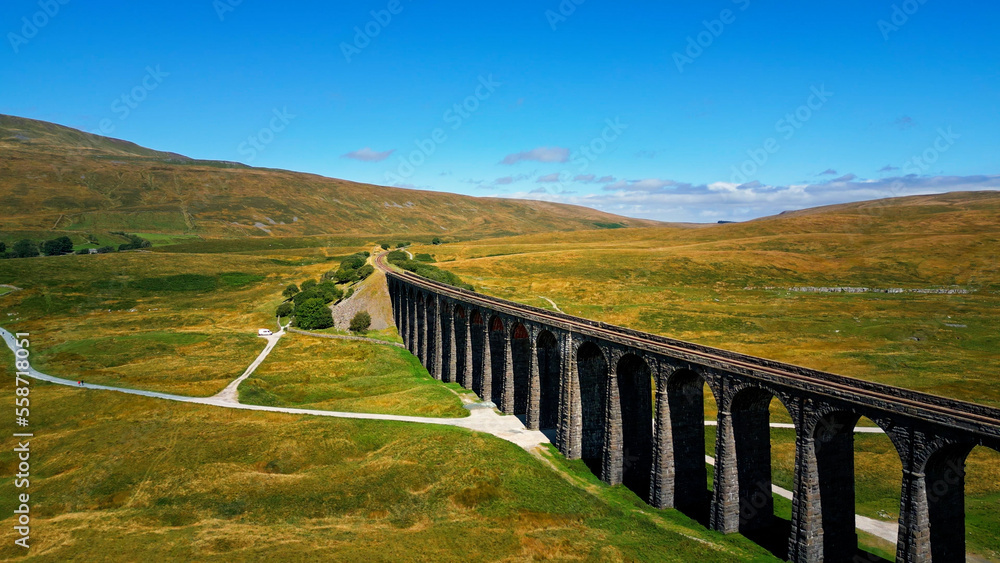 Fototapeta premium Ribblehead Viaduct at Yorkshire Dales National Park - aerial view - drone photography