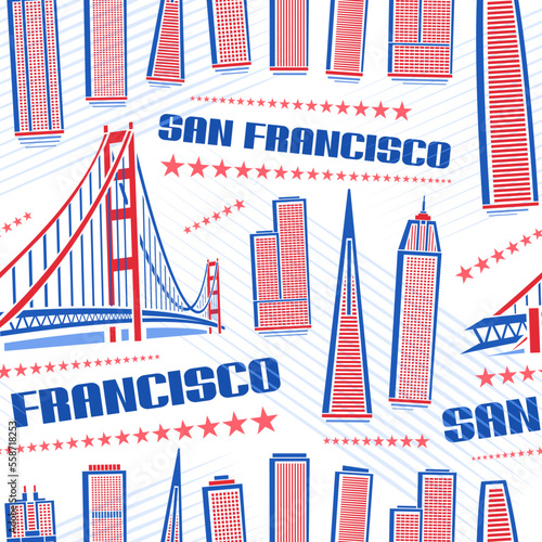 Vector San Francisco Seamless Pattern, square repeating background with illustration of red famous city scape on white background for wrapping paper, line art urban poster with blue text san francisco