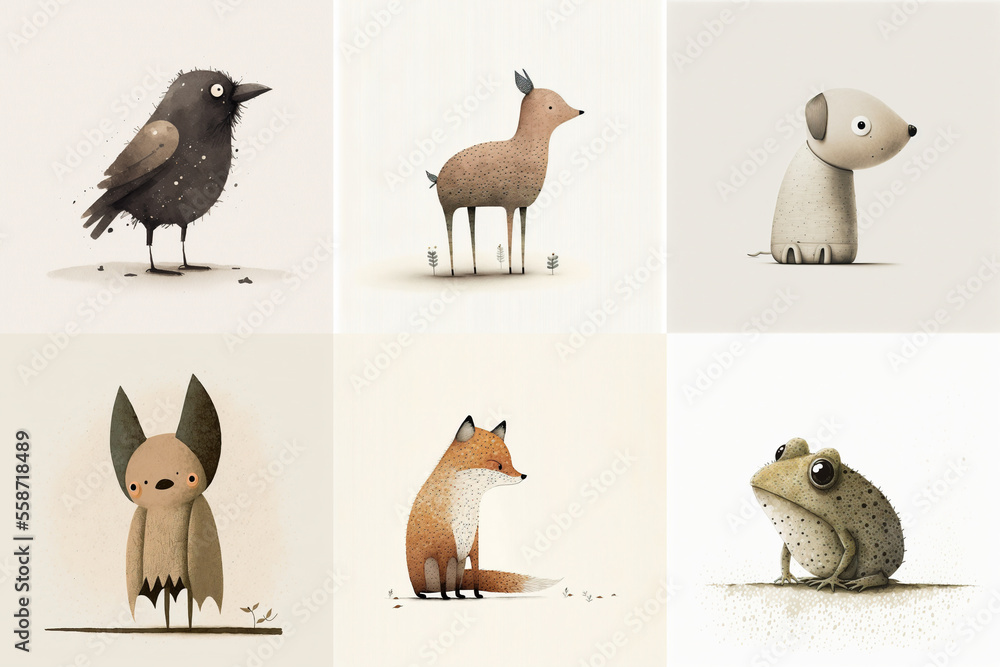 A set of six cute animals, mammals, birds, reptiles, from the area of Virginia, USA in watercolor, illustration made with Generative AI