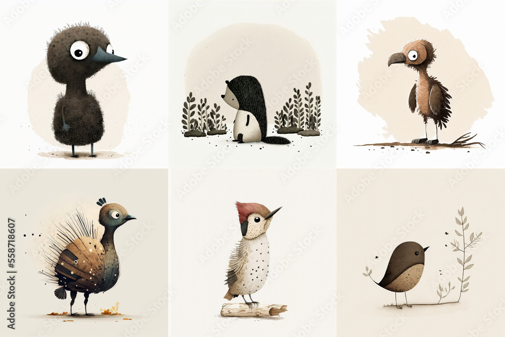 Fototapeta premium A set of six cute animals, mammals, birds, reptiles, from the area of Virginia, USA in watercolor, illustration made with Generative AI