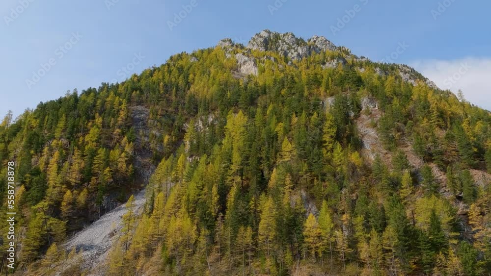 Rocky cliff landscape overgrown by trees in Mongolia on a sunny day. Traveling and hiking steep mountain ridge Rocky cliff landscape overgrown by trees in Mongolia on a sunny day. Traveling and hiking steep mountain ridge