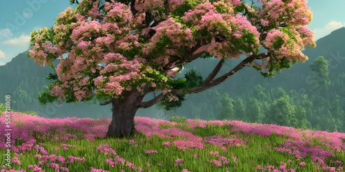 spring flowers trees and grass in the park or in garden near the mountains, landscapes