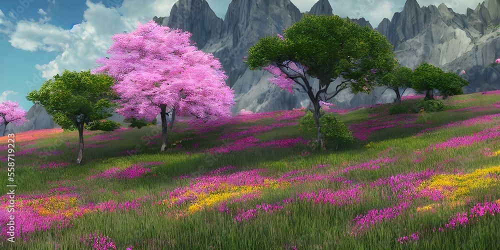 Obraz premium spring flowers trees and grass in the park or in garden near the mountains, landscapes