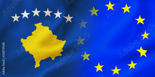 EU,Kosovo flag together.European,Kosovo waving flag