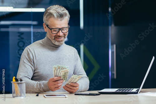 Mature successful financier investor counts money dollars cash sitting inside office at table, senior businessman happy with result achievement and income uses laptop at work Fototapet