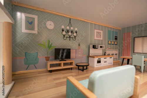 A living room combined with a kitchen in a children's doll house.