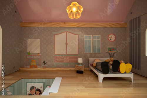 Two wooden figurines lie in bed in a bedroom - a dollhouse.