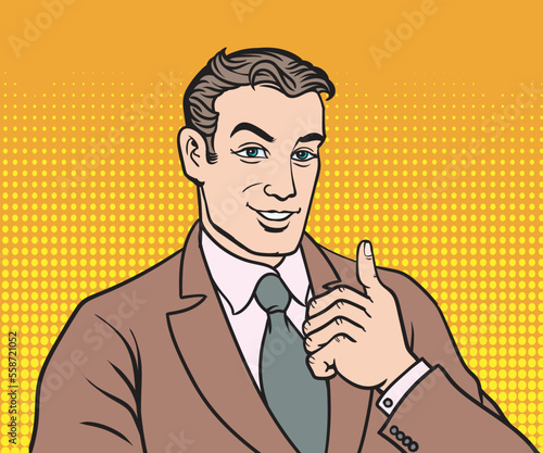 Emotional illustrations businessman thumbs up. pop art retro hand drawn style vector design.