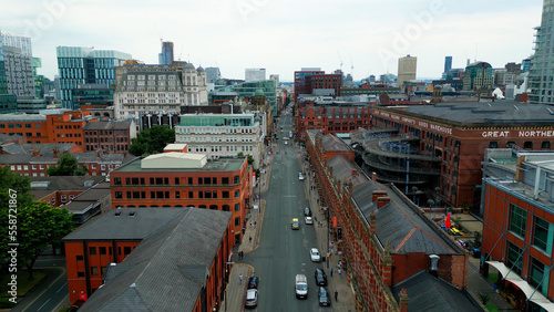 Obraz na płótnie Flight over famous Deansgate Street in the city of Manchester - drone photograph