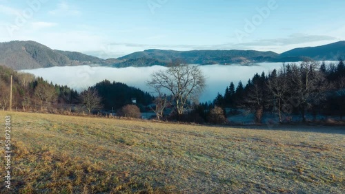 4k time lapse sea of fog move flowing over mountain, lake and village, tourist attractions and important landmarks. Sunny morning in a mountain valley. Tara, Serbia.