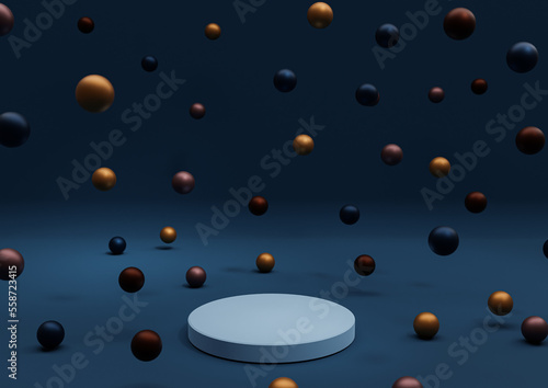 Dark, aqua blue 3D illustration minimal product display Christmas themed with colorful decoration Christmas balls colorful metallic marbles falling photography wallpaper one podium stand horizontal