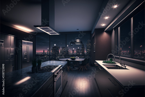 Luxury Penthouse at Night  Kitchen and Skyline Backgorund  Generative ai