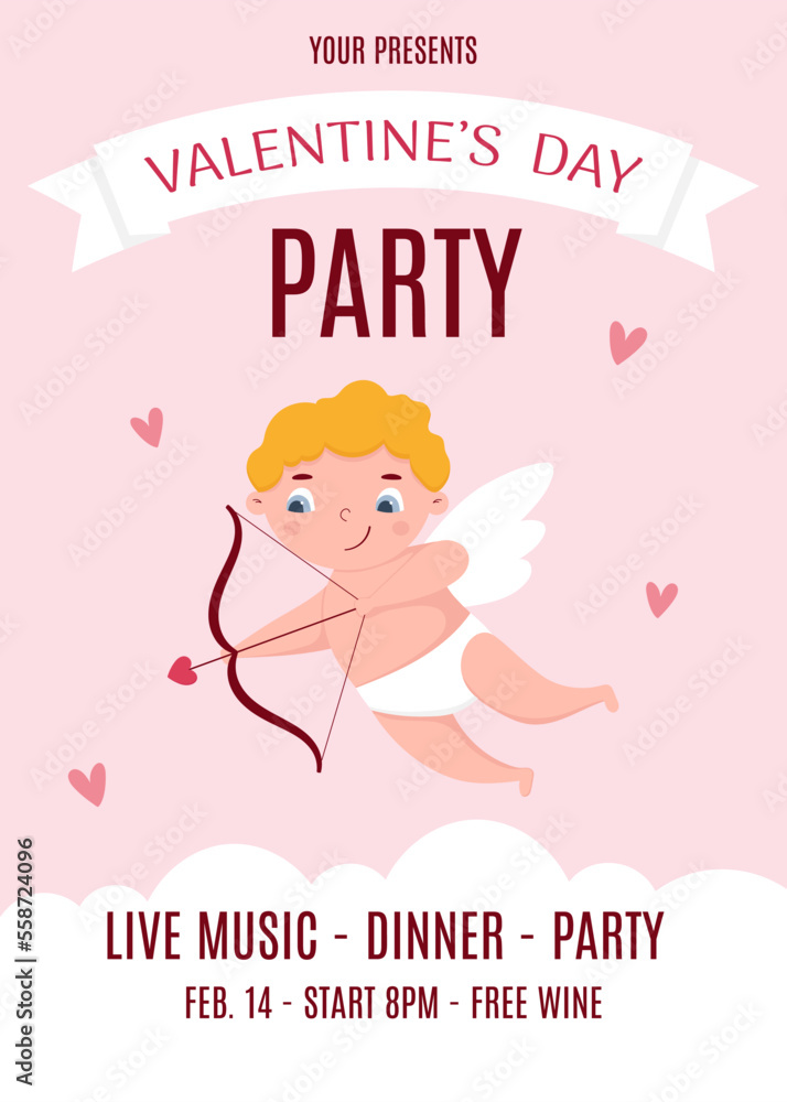 Valentine's Day party invitation. Cute cupid with bow and arrow. Valentine's Day party invitation. Cute cupid with bow and arrow.