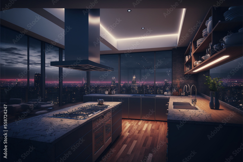 Luxury Penthouse at Night, Kitchen and Skyline Backgorund, Generative ai