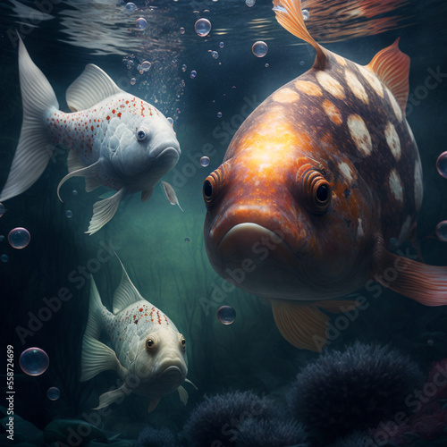 Image of underwater scenery, Koi fish, puffer fish, Japonism style, cinematic