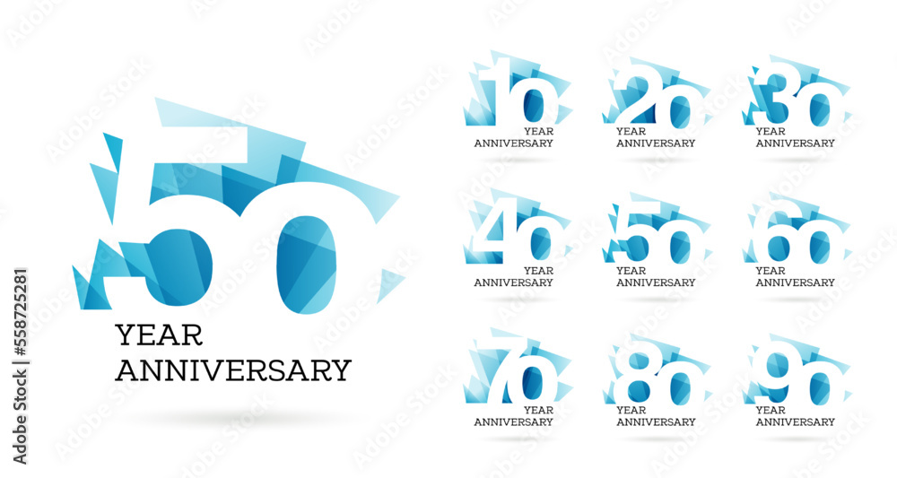 Set ten to ninety years anniversary logo design, celebrate anniversary logo to celebrate event, invitations, 10, 20, 30, 40, 50, 60, 70, 80, 90, logo sign purpose - obrazy, fototapety, plakaty 