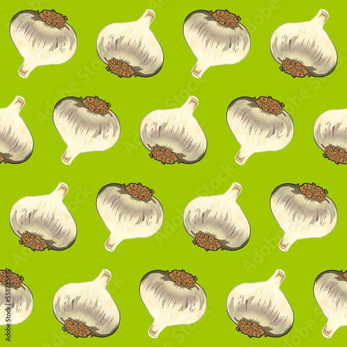 Background with illustrated patterns of garlic