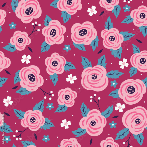 Seamless pattern with cute pink flowers. Vector graphics.