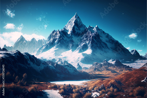 Snow mountains with clear blue sky, generative ai © Viviana