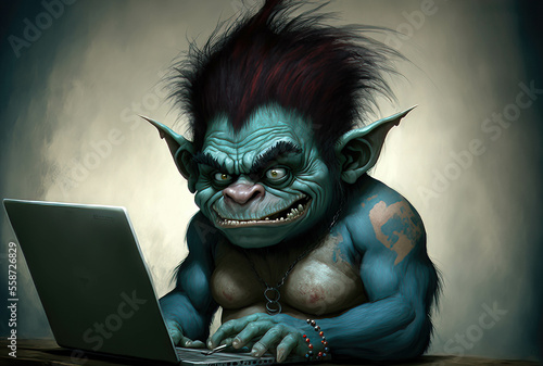 Internet troll, troll sitting in front of a computer, rendered