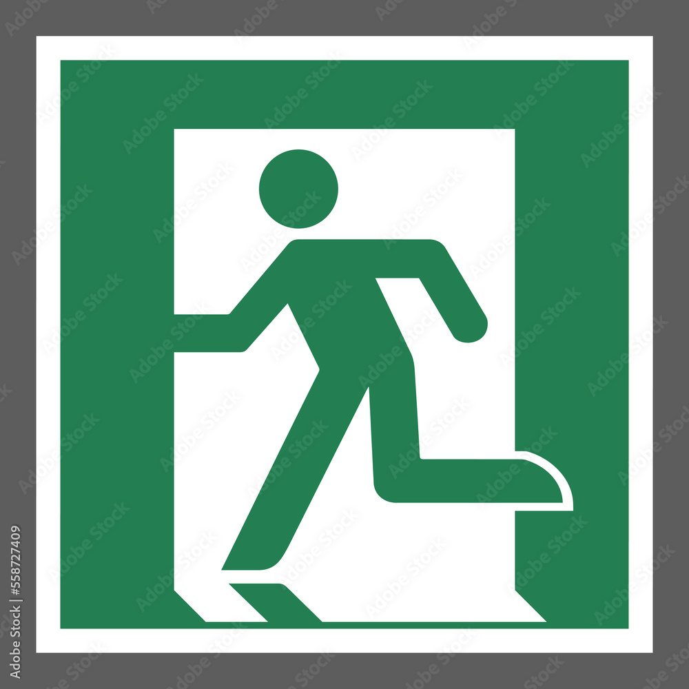The universal Emergency Exit (left) symbol standard size and color. ISO 7010 symbol