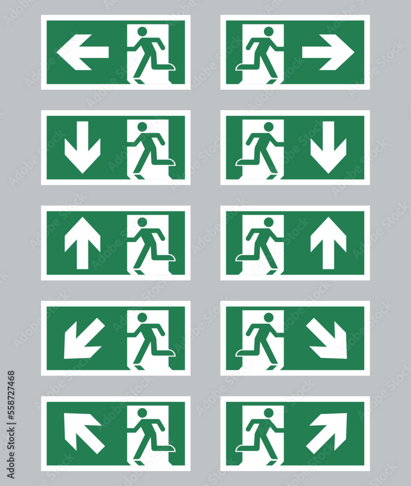 The universal emergency exit symbols standard size and color. ISO 7010 Emergency escape and first-aid signs. Evacuation route, location of safety equipment. The universal emergency exit symbols standard size and color. ISO 7010 Emergency escape and first-aid signs. Evacuation route, location of safety equipment.