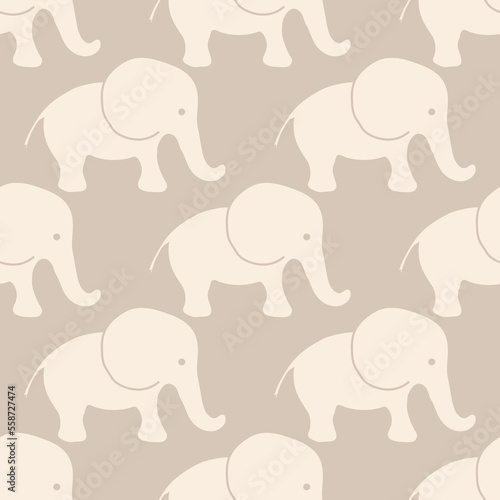 Cute baby elephant vector seamless pattern background. Adorable simple beige gender neutral backdrop with naive hand drawn elephants. Geometric repeat design for nursery, children.