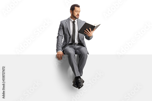 Professional man in a grey suit sitting on a blank panel and reading a book © Ljupco Smokovski