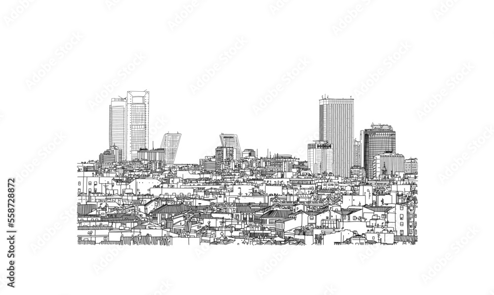 Panoramic view cityscape of Madrid with its skyscrapers. Europe, Spain capital city. Hand drawn ink strokes black and white vector illustration. Panoramic view cityscape of Madrid with its skyscrapers. Europe, Spain capital city. Hand drawn ink strokes black and white vector illustration.