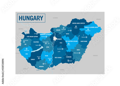 Hungary country political map. Europe. Detailed vector illustration with isolated provinces, departments, regions, cities and states easy to ungroup.