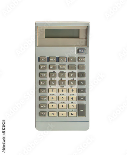 Old electronic calculator on white, isolated