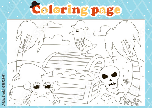Pirate themed coloring page for kids with cute animal characters and chest with coins