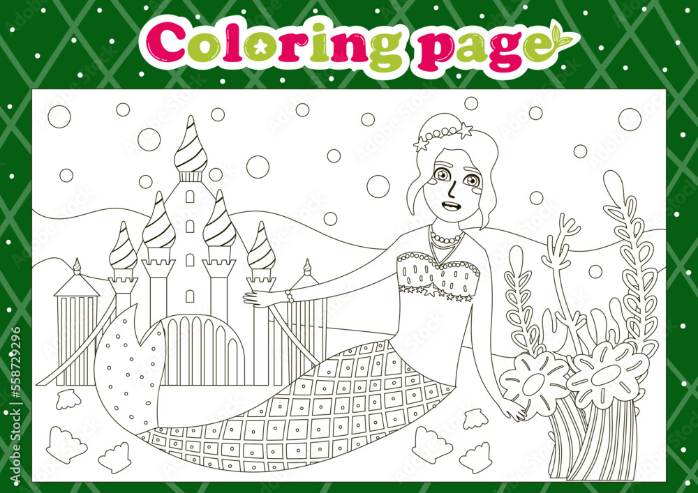 Fototapeta premium Fairytale themed coloring page for kids with cute mermaid character and underwater kingdom