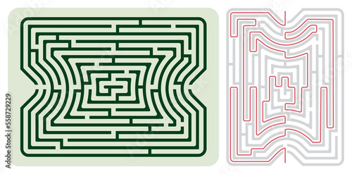 Labyrinth (maze) game vector with solution. Fun maze design.
