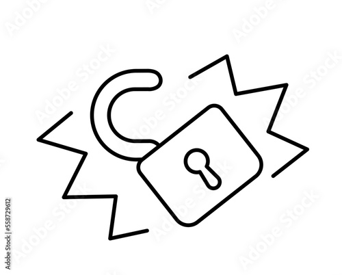 Breaking open lock. Hacker attack. Hack protection. Vector line. Editable outline stroke.