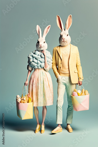Cute little Easter rabbits in fashion pastel clothes having fun, posing together and go shopping. Half man half rabbit with shopping bags. Illustration. Generative AI.
