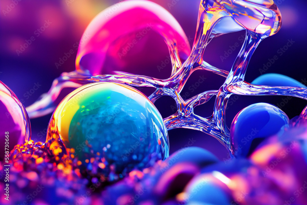 Fantasy Fluorescent aquatic abstract life forms and water bubbles under ...