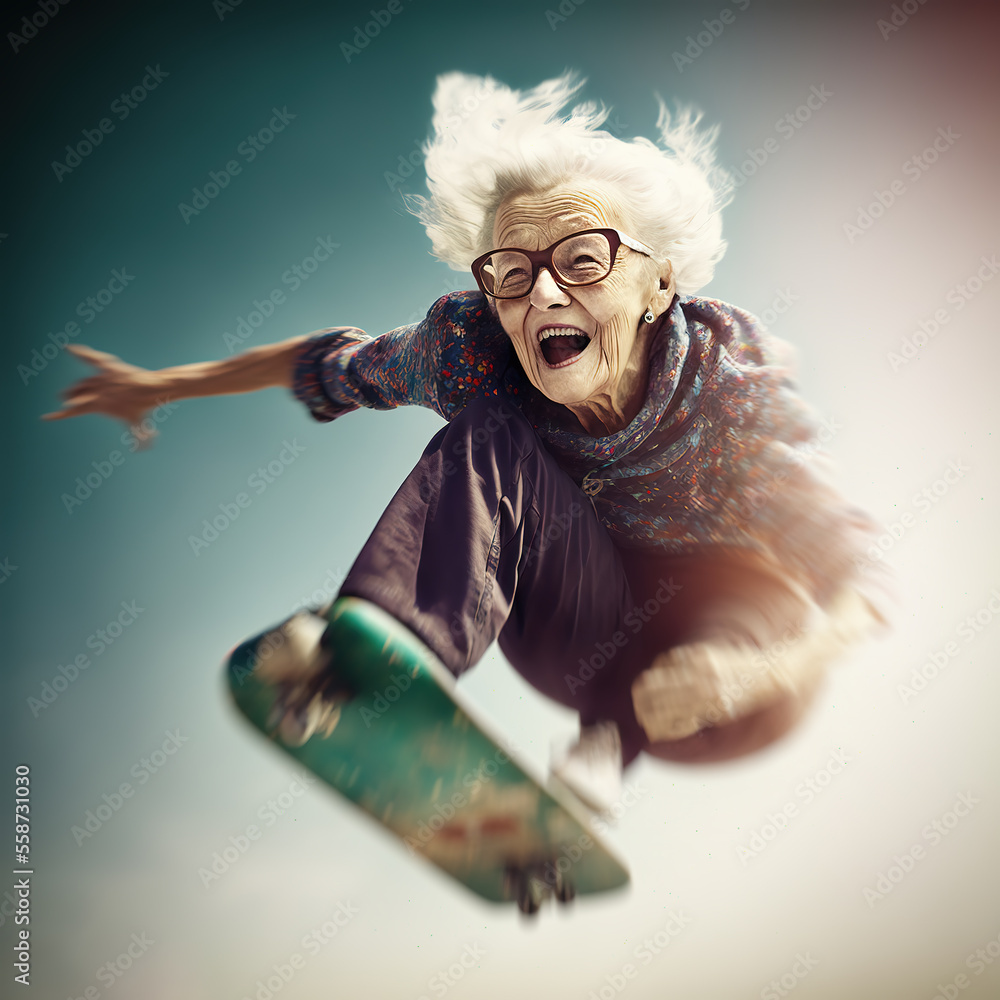 Alte Frau beim Sprung mit dem Skateboard - Generative AI - obrazy, fototapety, plakaty 